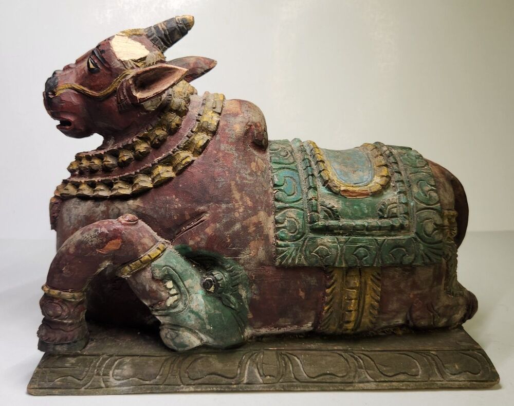 Antique Sacred Cow Nandi Carved Wood Hand Painted Statue Figure India 11.25"